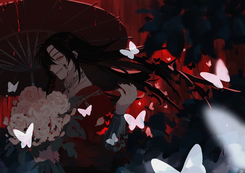 1boy black_hair black_nails blood blood_on_face bouquet bug butterfly chain chinese_clothes eyepatch flower glowing_butterfly grin hanfu highres holding holding_bouquet holding_umbrella hua_cheng insect long_hair looking_at_viewer male_focus oil-paper_umbrella red_eyes red_hanfu rose smile solo teeth tianguan_cifu umbrella upper_body whale_52hz_o white_butterfly