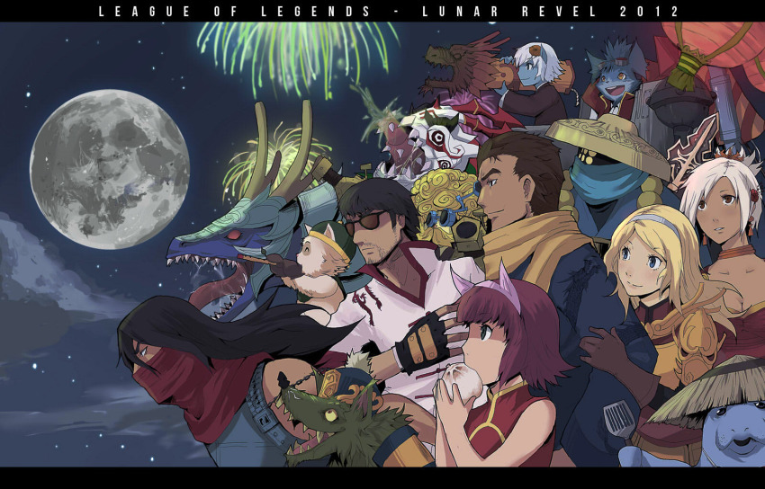 4girls 6+boys alternate_costume animal_ears annie_(league_of_legends) black_hair blonde_hair brown_hair fake_animal_ears food full_moon garen_(league_of_legends) group_picture group_profile hat headband heimerdinger highres jax_(league_of_legends) kog&#039;maw league_of_legends lee_sin letterboxed lineup long_hair lux_(league_of_legends) moon multiple_boys multiple_girls open_mouth popped_collar profile riven_(league_of_legends) rumble_(league_of_legends) sade scarf short_hair shyvana spatula sunglasses talon_(league_of_legends) teemo teeth tongue tristana_(league_of_legends) twitch twitch_(league_of_legends) urf white_hair yordle