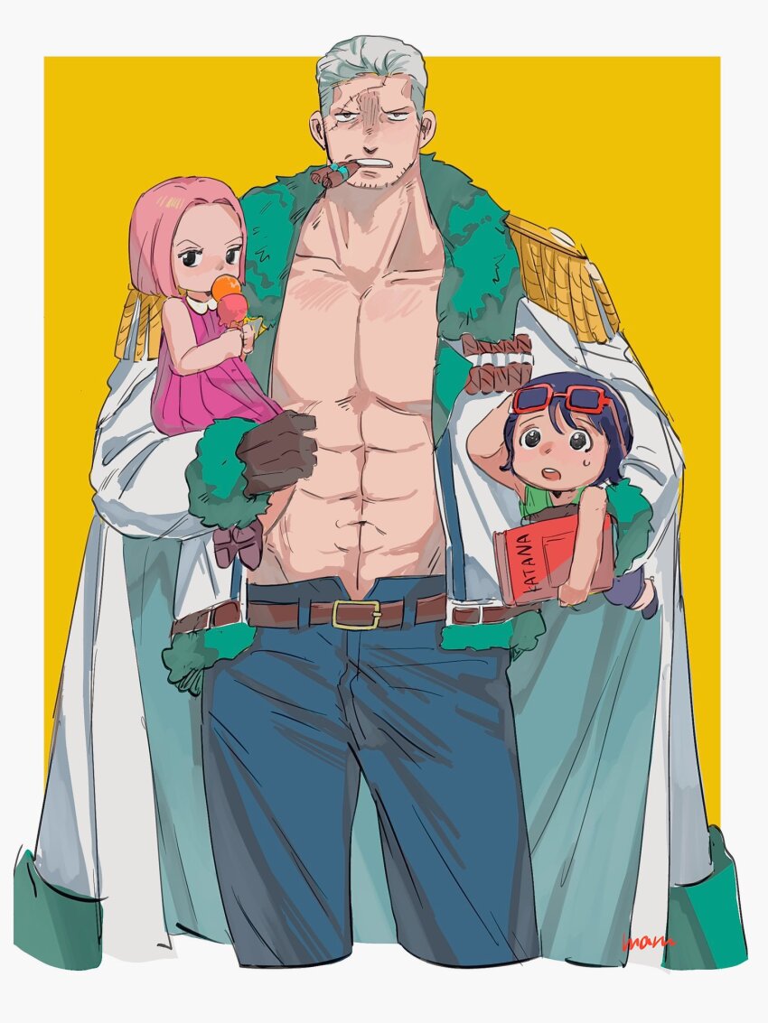 1boy 2girls abs aged_down blue_hair blue_pants book border carrying carrying_person child cigar coat commentary_request dress epaulettes eyewear_on_head food glasses highres hina_(one_piece) holding holding_book holding_food holding_ice_cream ice_cream looking_at_viewer maruwoz multiple_girls one_piece pants pink_hair purple_dress short_hair sleeveless sleeveless_dress smoker_(one_piece) stitched_face stitches sweatdrop tashigi undercut white_border white_coat white_hair yellow_background