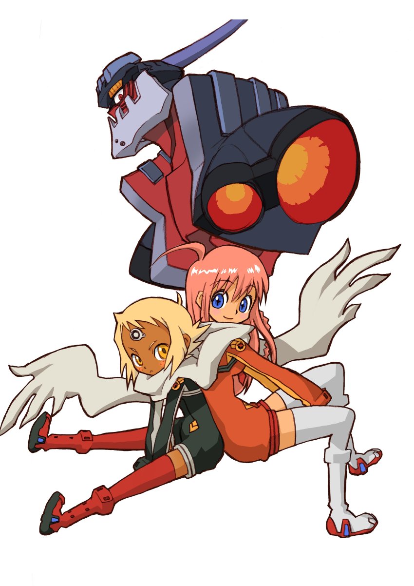 2girls absurdres blue_eyes check_commentary closed_mouth commentary_request dark-skinned_female dark_skin dix-neuf full_body highres izuna_yoshitsune lal&#039;c_mellk_mal long_hair looking_at_viewer mecha multiple_girls nono_(top_wo_nerae_2!) pink_hair robot scarf short_hair simple_background smile thighhighs top_wo_nerae!_(series) top_wo_nerae_2! white_background