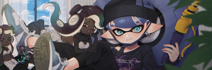 1boy 1girl amiibo aqua_eyes aqua_hair artist_request beanie black_hat black_pants black_shirt blue_eyes blue_footwear blue_hair blue_mask bra breasts brown_hair cephalopod_eyes character_doll cleavage closed_mouth collarbone commentary_request dark-skinned_female dark_skin earrings eyebrow_cut furrowed_brow gradient_hair grin hat headphones holding holding_weapon hoop_earrings horizontal_pupils inkling inkling_boy inkling_player_character jewelry long_hair long_sleeves looking_at_viewer marina_(splatoon) mask midriff mini_person minigirl mouth_mask multicolored_hair nintendo no_shirt octoling official_alternate_costume pants parted_bangs pink_pupils pointy_ears shirt short_hair smile splatoon_(series) splatoon_3 splattershot_(splatoon) tentacle_hair third-party_source two-tone_hair underwear weapon white_bra white_pants