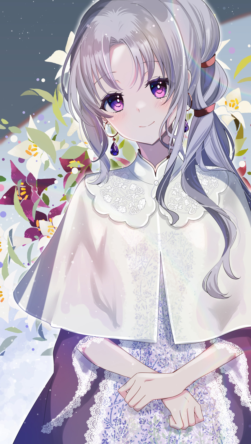 1girl absurdres alternate_costume alternate_hairstyle azusa_(azchemist63) blush capelet center_frills closed_mouth commentary_request commission dress earrings fire_emblem fire_emblem:_genealogy_of_the_holy_war floral_background frilled_sleeves frills highres jewelry long_hair looking_at_viewer nintendo purple_dress purple_eyes purple_hair side_ponytail skeb_commission smile solo tine_(fire_emblem) white_capelet wide_sleeves