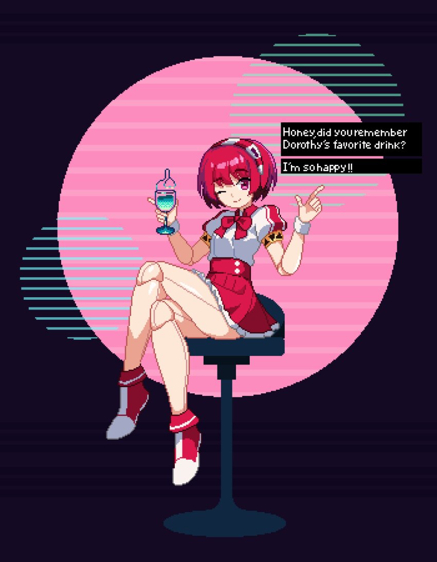 1girl ;) absurdres android bar_stool bow crazy_straw crossed_legs cup dorothy_haze drinking_straw finger_gun hairband heart_straw highres holding holding_cup joints looking_at_viewer one_eye_closed piano_woman_(va-11_hall-a) pixel_art puffy_short_sleeves puffy_sleeves purple_background red_bow red_eyes red_hair short_hair short_sleeves sitting skirt smile solo stool synthwave va-11_hall-a whitte_komett