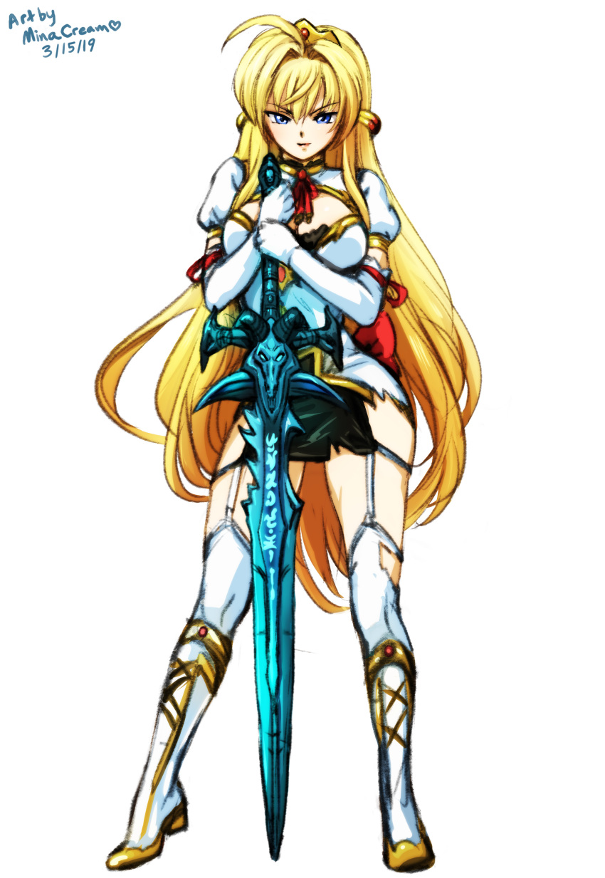 1girl absurdres blonde_hair blue_eyes boots breasts commission crossover damage frostmourne garter_belt gloves highres inda_no_himekishi_jeanne jeanne_grenoble large_breasts looking_at_viewer mina_cream resting simple_background skull socks standing sword tiara torn_clothes warcraft weapon white_theme world_of_warcraft