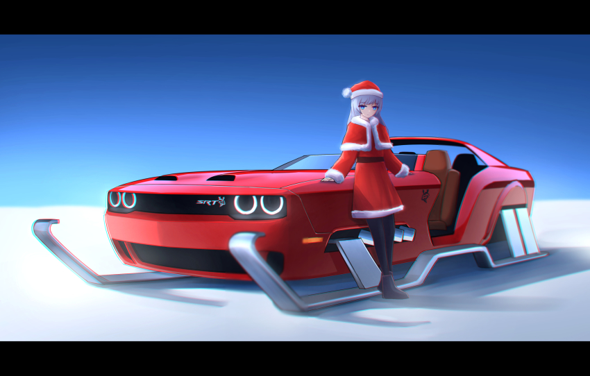 1girl blue_eyes car christmas dodge_(company) dodge_challenger dodge_challenger_(3rd_generation) hat highres kai55 letterboxed looking_back motor_vehicle original santa_costume santa_hat sled vehicle_focus white_hair