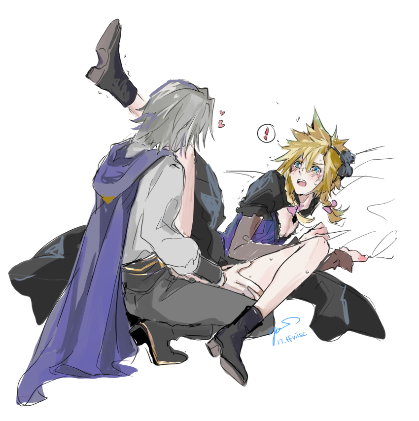 ! 17_ffviisc 2boys aged_down bed_sheet blonde_hair blue_eyes blush boots cape cloud_strife cloud_strife_(blue_dress) commentary_request couple crossdressing crying crying_with_eyes_open final_fantasy final_fantasy_vii final_fantasy_vii_ever_crisis final_fantasy_vii_remake grey_hair hand_on_another&#039;s_thigh heart highres long_hair long_sleeves male_focus multiple_boys official_alternate_costume on_bed open_mouth sephiroth sephiroth_(dark_attire) sephiroth_(ever_crisis) shaking sheet_grab short_hair spiked_hair spread_legs squatting sweat tears twitter_username yaoi