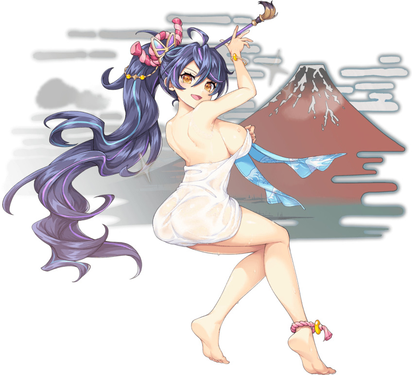 1girl arm_up artist_request ass bare_back bare_legs barefoot blue_hair bracelet breasts four-pointed_star from_side full_body game_cg hair_between_eyes highres holding holding_towel jewelry katsushika_hokusai_(legend_clover) legend_clover long_hair multicolored_hair naked_towel official_alternate_costume official_art open_mouth orange_eyes paintbrush sideboob solo sweatdrop third-party_source towel transparent_background