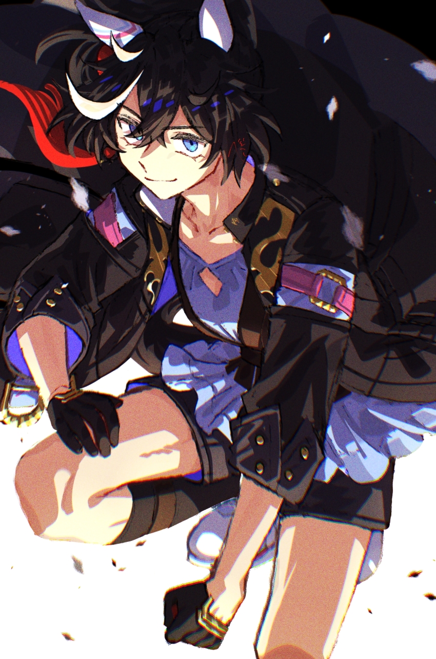 1girl animal_ears black_gloves black_hair black_shorts black_socks blue_eyes blue_shirt breasts button_gap coat collarbone commentary_request ear_covers gloves hair_between_eyes hair_ornament highres horse_ears horse_girl horse_tail jagaimobeniko katsuragi_ace_(umamusume) looking_at_viewer medium_hair multicolored_hair open_clothes open_coat ponytail shirt shoes shorts sneakers socks solo squatting streaked_hair tail tassel tassel_hair_ornament umamusume white_hair white_shoes