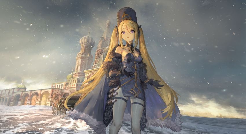 1girl absurdres black_gloves blonde_hair blue_dress breasts bright_pupils carriage character_request cleavage cloud cloudy_sky detached_collar dress elbow_gloves fur_hat gloves hair_between_eyes hair_ribbon hat highres horse kremlin long_hair masterwork_apocalypse medium_breasts messikid outdoors pantyhose papakha purple_eyes ribbon short_dress sidelocks sky snow snowing solo st._basil&#039;s_cathedral strapless strapless_dress thigh_strap triangle_mouth twintails very_long_hair white_pantyhose