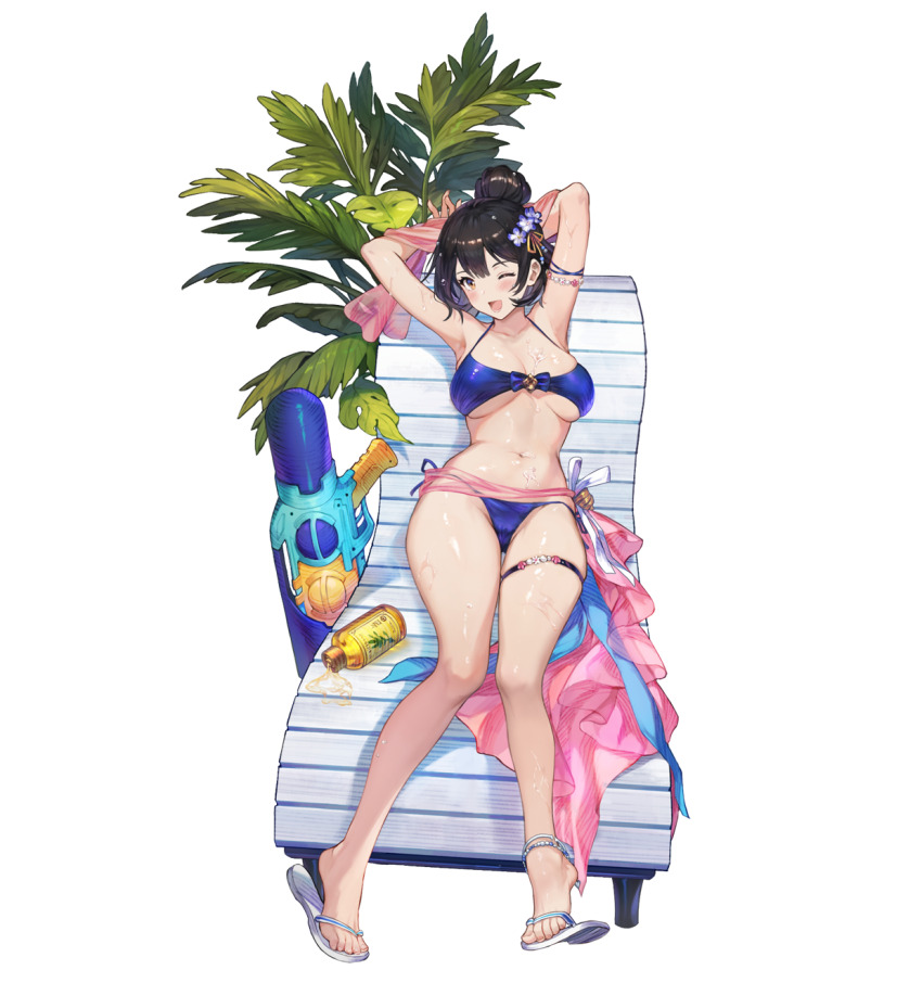 1girl anklet armpits arms_behind_head artist_request beach_chair bikini black_hair blue_bikini breasts brown_dust_(series) brown_dust_2 brown_eyes chair flip-flops flower full_body groin hair_bun hair_flower hair_ornament highres jewelry knees_together_feet_apart large_breasts looking_at_viewer lotion navel official_art on_chair one_eye_closed pink_sarong plant plastic_bottle potted_plant sandals sarong scheherazade_(brown_dust) scheherazade_(pool_party)_(brown_dust) second-party_source single_hair_bun sitting solo stomach sunscreen swimsuit thigh_strap underboob water_gun wet white_sandals