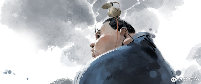 1boy black_eyes black_hair blue_robe fat fat_man faux_traditional_media from_side highres ink_wash_painting long_earlobes male_focus nezha_zhi_motong_jiangshi official_art profile robe short_hair solo taiyi_zhenren_(nezha_zhi_motong_jiangshi) upper_body watermark weibo_watermark wenxu_xu white_background xiao_guan_(headdress)