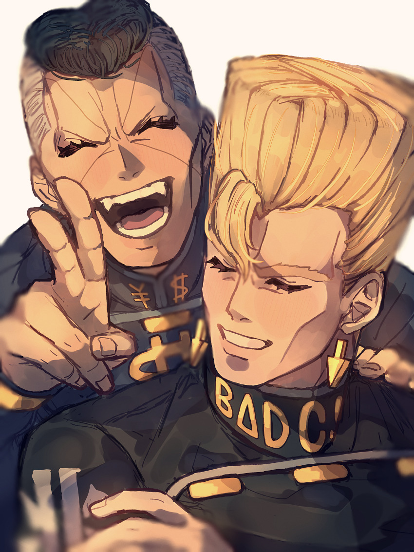 2boys absurdres arrow_(jojo) arrow_earrings brothers closed_eyes crossed_arms diamond_wa_kudakenai dollar_sign flattop gakuran happy highres jojo_no_kimyou_na_bouken male_focus multiple_boys nijimura_keicho nijimura_okuyasu pompadour school_uniform siblings siniy tall_hair v yen_sign