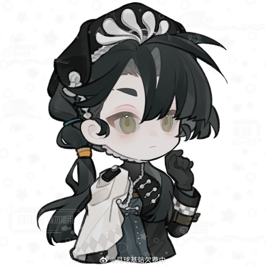 1girl artist_request beret black_dress black_gloves black_hair black_hat cape chibi chin_strap closed_mouth commission cropped_torso dress gloves grey_eyes hand_up hat highres liang_yue_(reverse:1999) long_hair looking_at_viewer low_twintails mole mole_above_eye police police_uniform policewoman reverse:1999 second-party_source side_cape solo twintails upper_body watermark weibo_watermark white_background white_cape