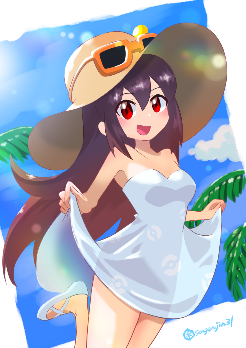 1girl :d absurdres bare_shoulders brown_hair brown_hat dress eyewear_on_headwear hair_between_eyes hat highres lifting_own_clothes long_hair looking_at_viewer nintendo open_mouth pokemon pokemon_sm red_eyes sengenjin31 sightseer_(pokemon) sleeveless sleeveless_dress smile solo strapless strapless_dress sun_hat sunglasses