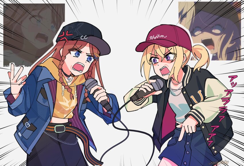 2girls artist_name bang_dream! bang_dream!_it&#039;s_mygo!!!!! baseball_cap belt black_belt black_choker black_hat black_jacket black_skirt blonde_hair blue_eyes blue_jacket blue_skirt braid braided_sidelocks brown_hair choker commentary cropped_hoodie emphasis_lines english_commentary eye_contact hat holding holding_microphone hood hoodie jacket letterman_jacket long_belt long_hair long_sleeves looking_at_another microphone midriff miniskirt misumi_uika multiple_girls nagasaki_soyo open_clothes open_jacket open_mouth pointing pointing_down ponytail purple_eyes rap_battle red_hat rocky_(rockyricky) screenshot_inset shaded_face shirt shouting sidelocks simple_background skirt teeth twin_braids v-shaped_eyebrows watermark white_background white_shirt white_sleeves yellow_hoodie