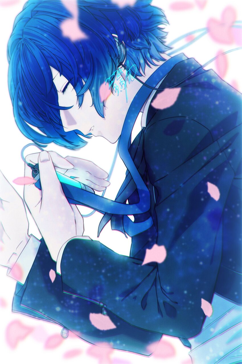1boy absurdres ao_(rkdy_yd) black_jacket black_ribbon blue_hair closed_eyes commentary_request dark_blue_hair dated digital_media_player digital_walkman earphones falling_petals from_side gekkoukan_high_school_uniform highres holding jacket light_particles long_sleeves male_focus neck_ribbon open_clothes open_jacket parted_lips persona persona_3 petals pink_petals ribbon school_uniform shirt solo upper_body walkman_nw-s203f white_shirt yuuki_makoto_(persona_3)
