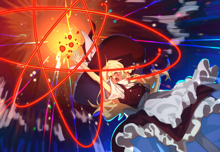 1girl absurdres apron black_hat black_skirt black_vest blonde_hair bow braid commentary hair_bow hat hat_bow highres kirisame_marisa long_hair magic open_mouth side_braid single_braid skirt solo touhou tuck_(tuck23978434) vest waist_apron white_apron white_bow witch_hat yellow_eyes