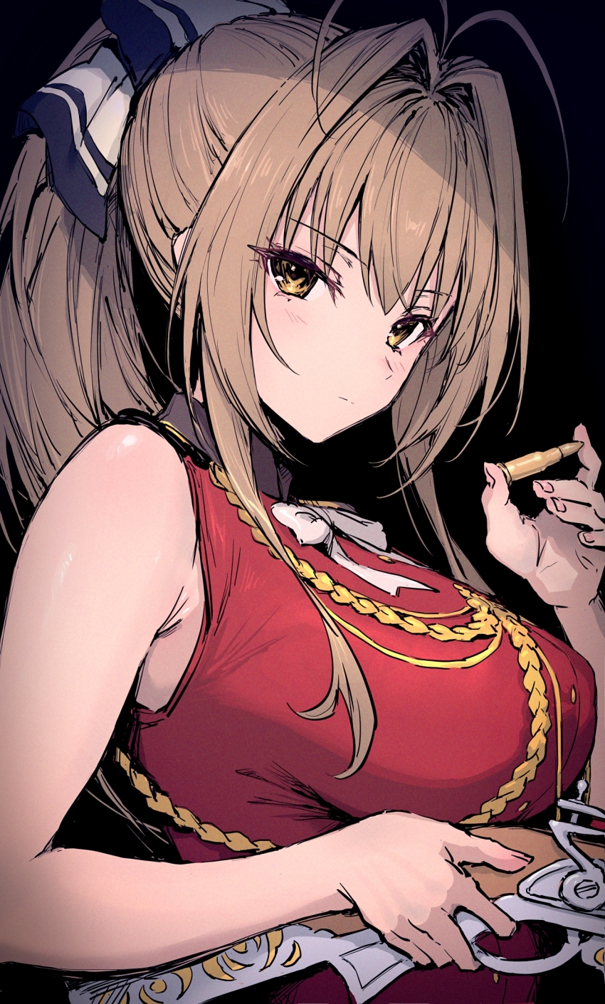 1girl amagi_brilliant_park bare_shoulders black_background blush breasts bullet closed_mouth from_side gun haoni highres holding holding_bullet holding_gun holding_weapon large_breasts light_brown_hair long_hair looking_to_the_side ponytail sento_isuzu sidelocks simple_background solo upper_body weapon yellow_eyes
