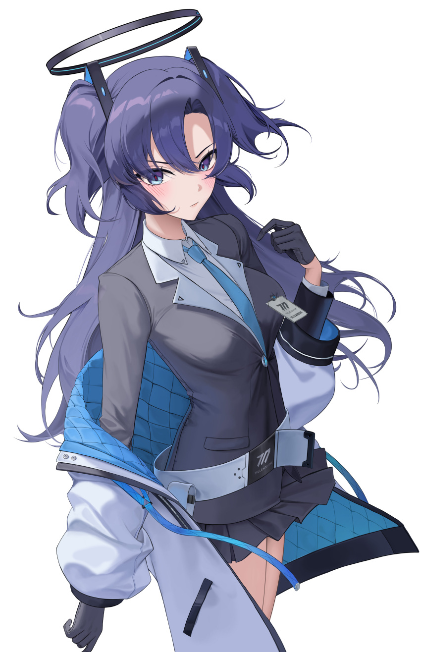 1girl absurdres black_gloves black_shirt black_skirt blue_archive blue_eyes blue_necktie closed_mouth collared_shirt gani1127 gloves hair_between_eyes halo highres jacket long_hair long_sleeves looking_at_viewer mechanical_halo necktie open_clothes open_jacket pleated_skirt purple_hair shirt short_twintails simple_background skirt solo twintails white_background white_jacket white_shirt yuuka_(blue_archive)