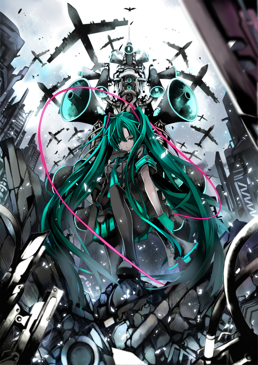 1girl absurdres aircraft airplane aqua_eyes aqua_hair armband b-52_stratofortress female_focus gloves hatsune_miku headset heavy_bomber highres koi_wa_sensou_(vocaloid) legs long_hair megaphone necktie pantyhose penetrator_(aircraft) revision shino_(eefy) skirt sky solo strategic_bomber twintails very_long_hair vocaloid