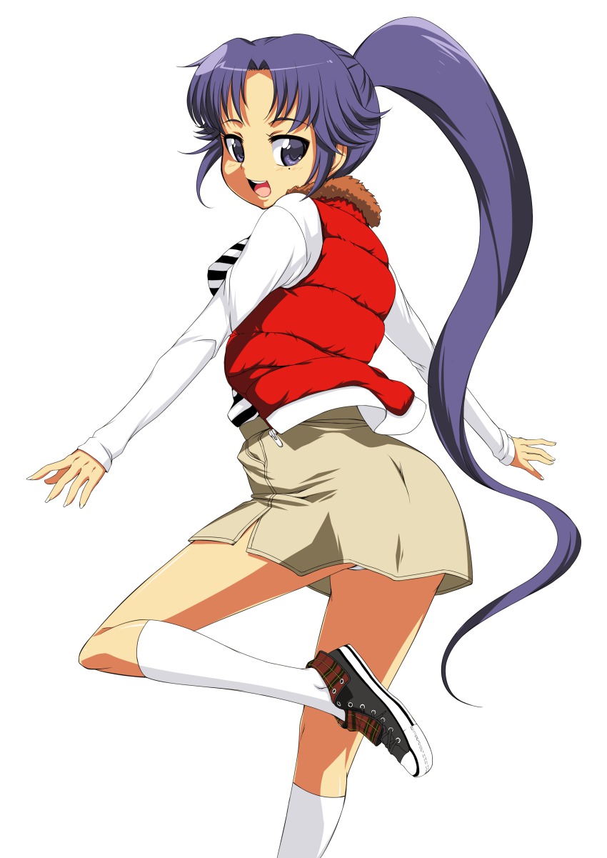 absurdres asuka_(dream_c_club_zero) converse dream_c_club dream_c_club_(series) dream_c_club_zero highres kneehighs long_hair mole onija_tarou panties pantyshot plaid ponytail purple_eyes purple_hair shoes skirt sneakers socks solo striped underwear very_long_hair vest