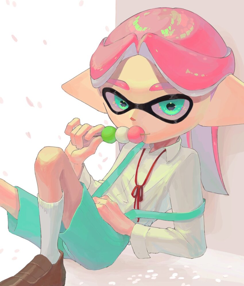 1girl blue_eyes blue_shorts brown_shoes collared_shirt dango falling_petals food foot_out_of_frame hair_intakes hand_on_own_stomach highres holding holding_food inkling inkling_girl inkling_player_character kneehighs kurutot1 loafers long_hair loose_neck_ribbon neck_ribbon nintendo no_mouth parted_bangs petals pink_hair pink_petals pointy_ears red_ribbon ribbon shirt shoes shorts sitting socks solo splatoon_(series) splatoon_3 strap_slip suspender_shorts suspenders tentacle_hair wagashi white_shirt white_socks