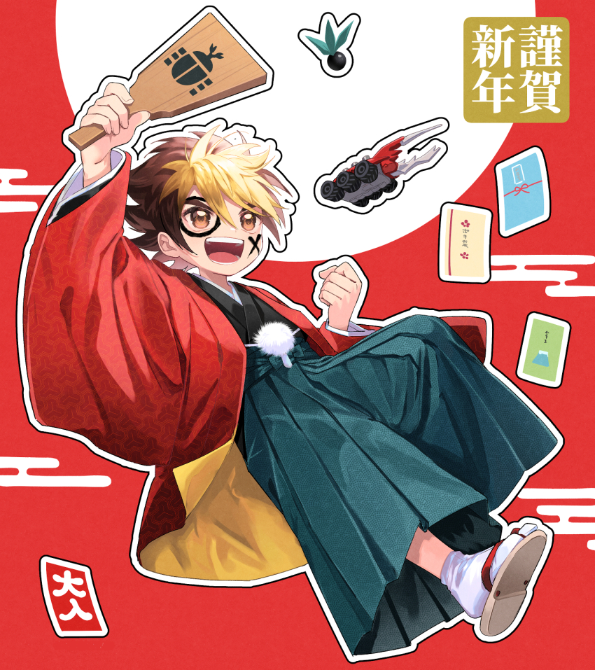 1boy amanogawa_ryuusei aqua_hakama arm_up blonde_hair brown_hair child circle_facial_mark clenched_hand commentary_request facial_mark full_body hagoita hair_between_eyes hakama hakama_skirt hane_(hanetsuki) happy_new_year hercules_beetle highres holding japanese_clothes jinzou_konchuu_kabutoborg_vxv kimono kuroda_(kuro_yyy) male_focus multicolored_hair new_year open_clothes open_mouth paddle paper red_background short_hair skirt smile solo tomcat_red_beetle_(kabutoborg) toy toy_car two-tone_hair x x_facial_mark