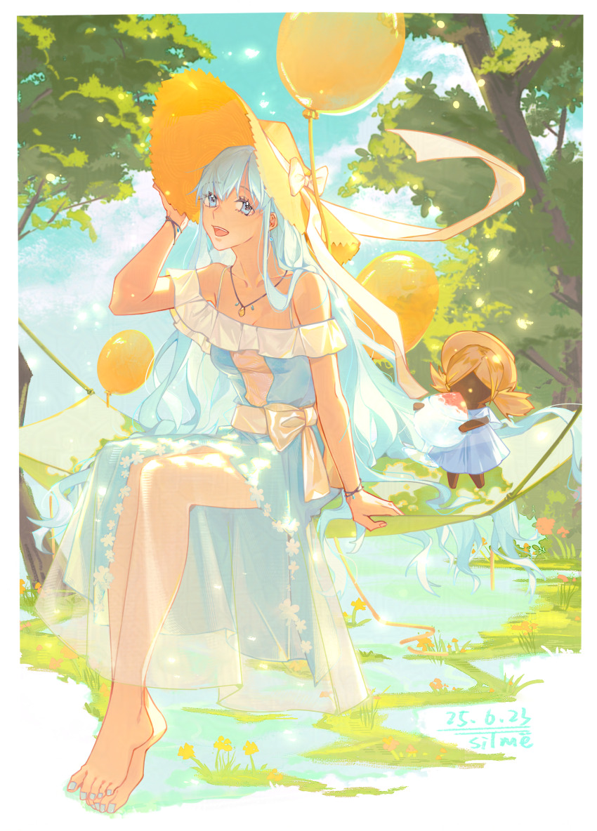 1152474962 1girl absurdres anastasia_(fate) anastasia_(swimsuit_archer)_(first_ascension)_(fate) arm_support arms_up artist_name balloon bare_arms bare_legs bare_shoulders barefoot blue_dress blue_eyes blue_sky bracelet breasts collarbone curvy dated doll dress dress_swimsuit earrings fate/grand_order fate_(series) food hair_between_eyes hammock hat highres jewelry large_breasts long_hair looking_at_viewer nail_polish necklace off-shoulder_dress off_shoulder on_hammock open_mouth outdoors pendant see-through_clothes see-through_skirt shaved_ice signature sitting skirt sky sleeveless smile solo straw_hat sun_hat sundress sunlight thighs toenail_polish toenails toes tree viy_(fate) white_hair