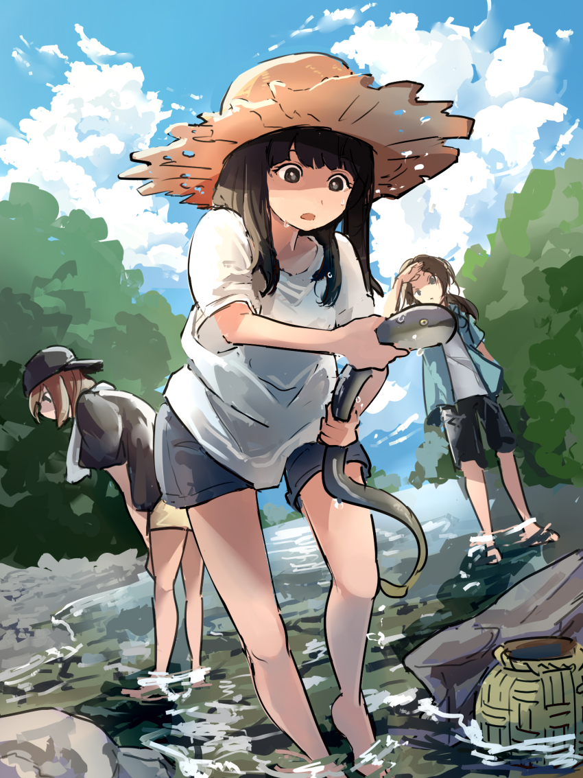 23el 3girls animal barefoot baseball_cap basket black_hair black_shorts blue_jacket blue_sky blunt_bangs cloud cloudy_sky commentary day eel fish full_body hand_to_forehead hat highres holding holding_animal holding_fish jacket leaning_forward long_hair looking_at_animal mountain multiple_girls open_clothes open_jacket open_mouth original outdoors ponytail shirt short_sleeves shorts sky standing stone stream sun_hat sweat t-shirt towel towel_around_neck tree wet white_shirt yellow_shorts