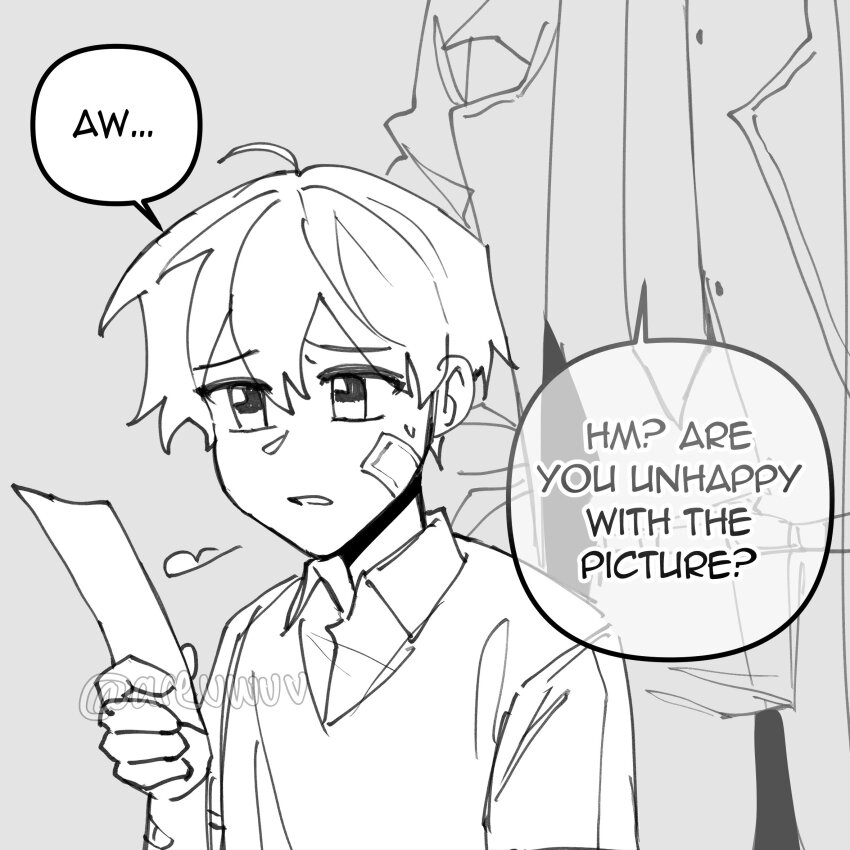 2boys areuwuu bandage_on_face bandages breath coat commentary dual_persona english_commentary english_text hair_between_eyes height_difference highres holding holding_photo kim_dokja male_focus monochrome multiple_boys necktie oldest_dream omniscient_reader&#039;s_viewpoint out_of_frame photo_(object) shirt short_hair t-shirt vest