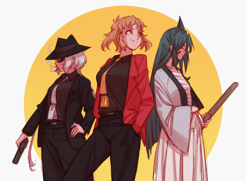 3girls arsene_lupin_iii arsene_lupin_iii_(cosplay) between_breasts breasts brown_eyes cigarette commentary cosplay english_commentary closed_eyes grey_background grin gun gutalalaman handgun highres ishikawa_goemon_xiii ishikawa_goemon_xiii_(cosplay) jigen_daisuke jigen_daisuke_(cosplay) katana kazanari_tsubasa light_purple_hair long_hair lupin_iii multiple_girls necktie necktie_between_breasts orange_neckwear pistol profile purple_hair sarashi senki_zesshou_symphogear sheath sheathed short_hair side_ponytail smile smoking sun_symbol sunglasses sword tachibana_hibiki_(symphogear) very_long_hair weapon yukine_chris