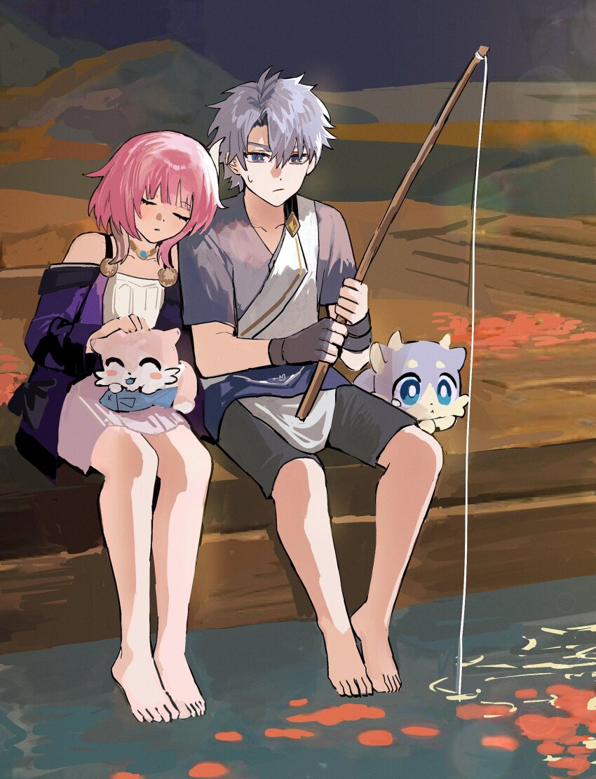 1boy 1girl absurdres animal animal_on_lap barefoot black_shorts chimera_(honkai:_star_rail) coat cyrene_(honkai:_star_rail) dress feet fishing fishing_rod grey_shirt hashtag-only_commentary head_on_another&#039;s_shoulder highres holding holding_fishing_rod honkai:_star_rail honkai_(series) jewelry necklace nongxy_nonshi on_lap phainon_(honkai:_star_rail) pink_hair purple_coat shirt short_hair shorts toes white_dress white_hair