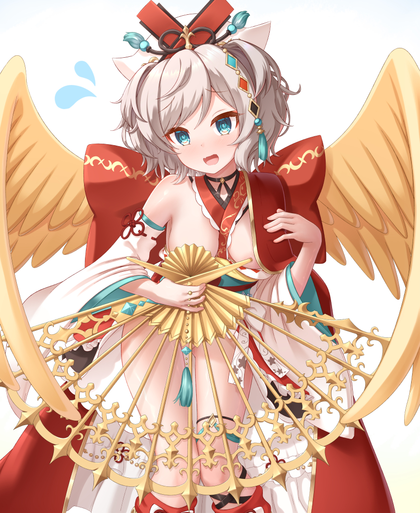 1girl absurdres aqua_eyes aqua_trim back_bow between_breasts black_choker bow breasts choker convenient_censoring fang feathered_wings gplnbeat grey_hair hair_ornament hand_fan hand_on_own_chest hat highres holding holding_fan medium_breasts nude open_mouth partially_undressed princess_connect! red_bow resplendent_phoenix_(shadowverse) skin_fang standing tassel thigh_strap white_sleeves wide_sleeves wings yellow_wings
