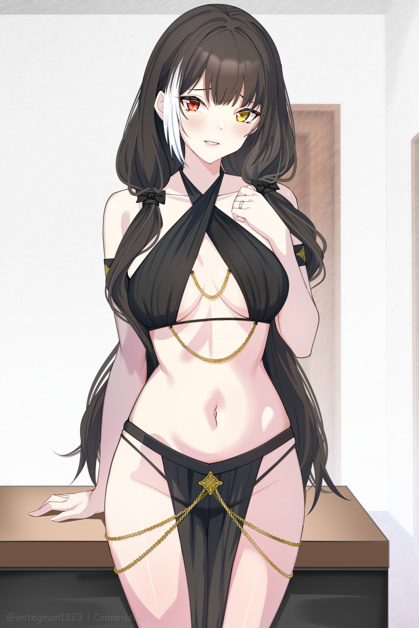 1girl alternate_costume black_bow black_hair blush bow breasts breasts_apart commentary commission cowboy_shot english_commentary entogman girls&#039;_frontline hair_bow hand_up heterochromia highres jewelry long_hair multicolored_hair navel parted_lips pelvic_curtain red_eyes ring ro635_(girls&#039;_frontline) solo stomach straight-on streaked_hair twitter_username watermark wedding_ring yellow_eyes yomorio_lingerie