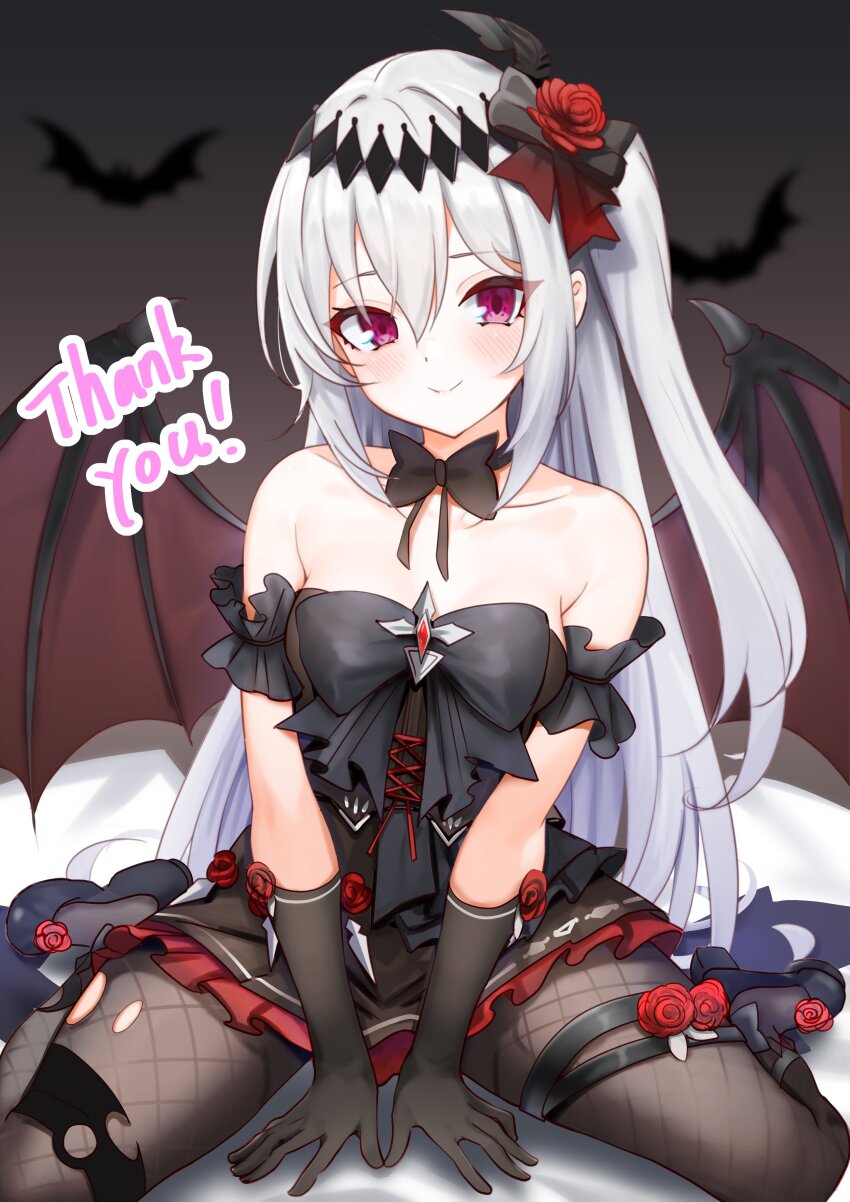 1girl absurdres bare_shoulders bat_(animal) bat_wings bed_sheet black_bow black_bowtie black_dress black_gloves blush bow bowtie closed_mouth collarbone commission demon_girl dress fishnet_pantyhose fishnets flower frilled_dress frills gloves got0_naisho hair_flower hair_ornament highres long_hair looking_at_viewer mare_(ac8231) naked_bowtie one_side_up original pantyhose red_eyes red_flower red_rose rose sitting skeb_commission solo thank_you vampire wariza white_hair wings