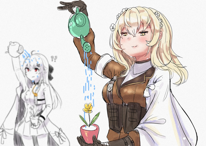 2girls :3 ? ?? blonde_hair blurry breasts cape commentary_request cowboy_shot depth_of_field flower girls&#039;_frontline gloves hair_between_eyes hair_flower hair_ornament holding holding_plant iws_2000_(girls&#039;_frontline) kumarang long_hair looking_down medium_breasts multiple_girls plant potted_plant red_eyes smile upper_body water watering_can x95_(girls&#039;_frontline) yellow_eyes you&#039;re_doing_it_wrong