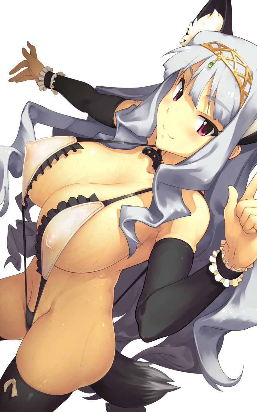 1girl animal_ears breasts cleavage collar covered_erect_nipples detached_sleeves dog_ears dog_tail female_focus groin highres huge_breasts idolmaster idolmaster_(classic) large_breasts long_hair looking_at_viewer pink_eyes red_eyes shijou_takane slingshot_swimsuit smile solo swimsuit tail thighhighs tiara very_long_hair wet white_hair yn_red