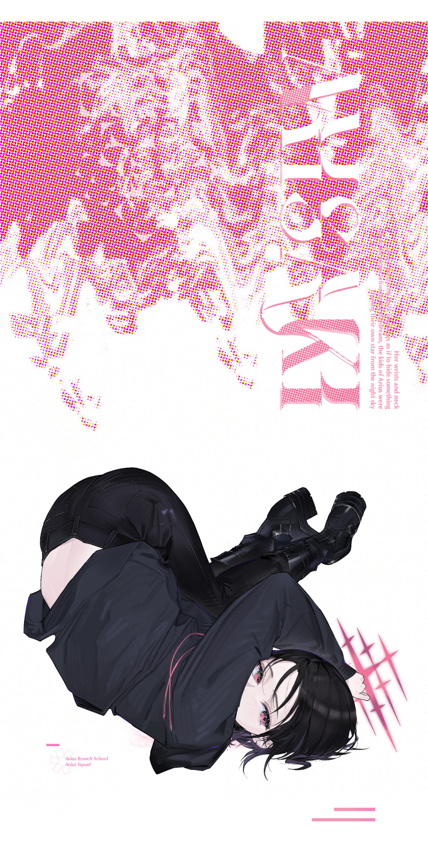 14yuruis 1girl absurdres black_boots black_hair black_hoodie black_mask black_pants blue_archive boots ear_piercing high_heel_boots high_heels highres hood hoodie looking_at_viewer lying misaki_(blue_archive) on_back pants piercing pink_eyes short_hair solo