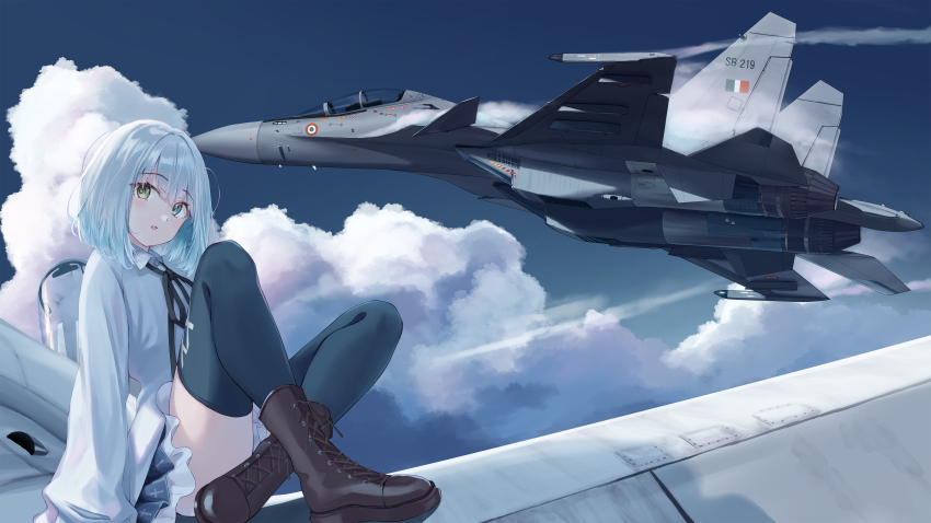 1girl absurdres aircraft airplane amahari_koishi black_ribbon blue_hair blue_sky bob_cut boots brown_boots cloud commentary commission fighter_jet green_eyes green_thighhighs highres indie_virtual_youtuber light_blue_hair long_sleeves military_vehicle neck_ribbon outdoors png_pant_(bus) ribbon sitting skeb_commission sky solo su-30 thighhighs vehicle_focus virtual_youtuber