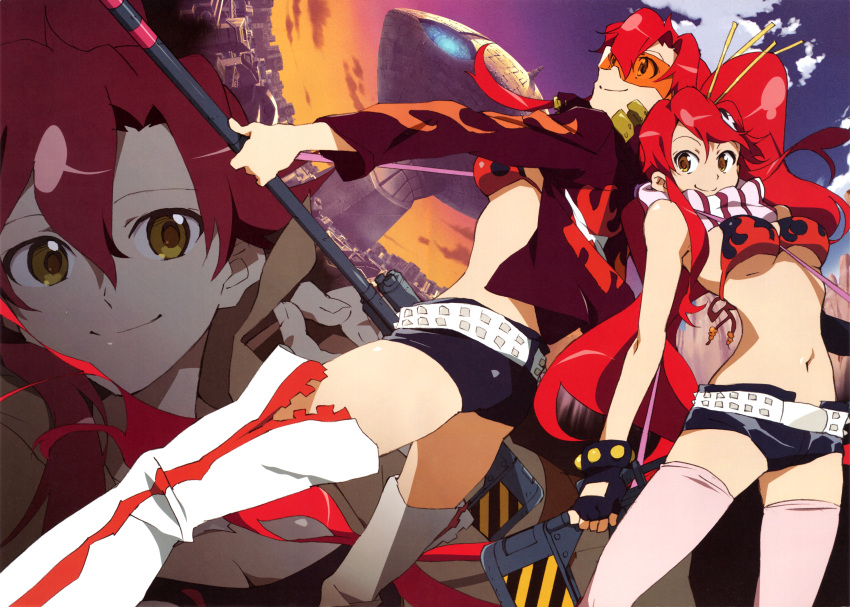 00s 2girls absurdres ass bikini bikini_top_only breasts cleavage elbow_gloves glasses gloves goggles gun hasegawa_hitomi highres multiple_girls orange-tinted_eyewear orange-tinted_glasses ponytail red_hair rifle scan scarf sunglasses swimsuit tengen_toppa_gurren_lagann thighhighs tinted_eyewear underboob visor weapon yellow_eyes yoko_littner