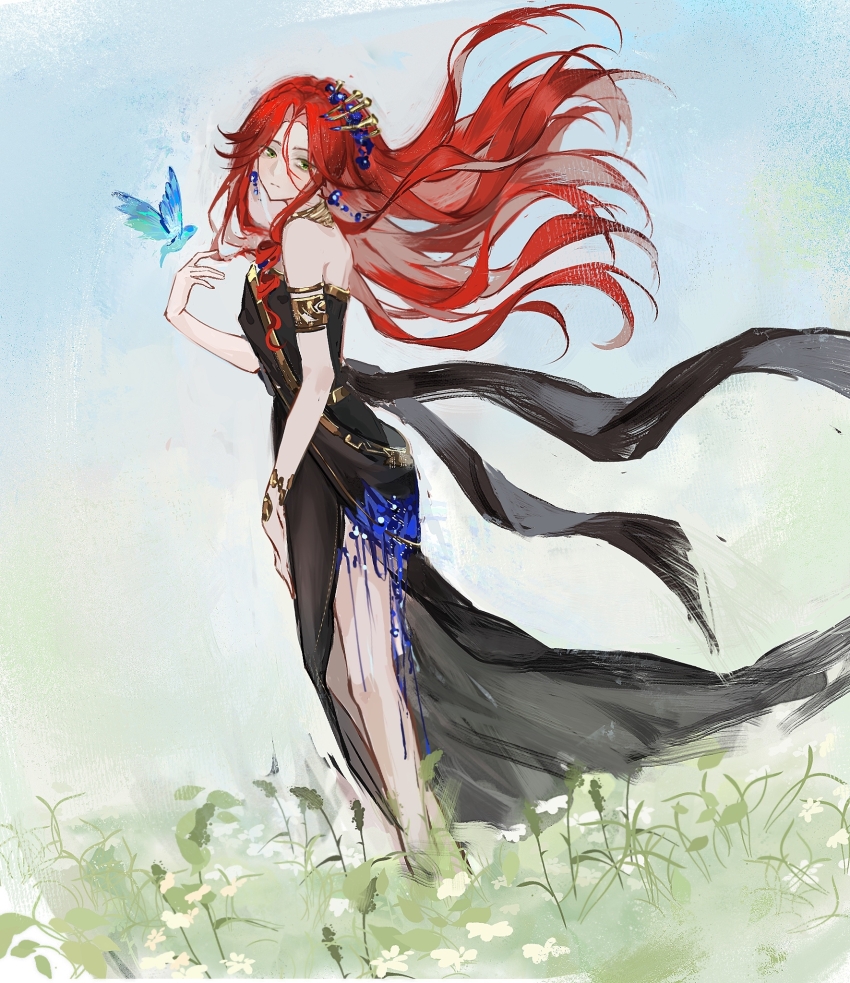 1girl armlet bare_shoulders bird black_dress blue_background blue_bird bracelet dress feet_out_of_frame floating_hair flower from_side gold_choker gradient_background grass green_background green_eyes hair_ornament hand_up highres jewelry long_dress long_hair looking_at_viewer oriane red_hair reverse:1999 side_slit sleeveless sleeveless_dress solo sophia_(manus_vindictae)_(reverse:1999) sophia_(reverse:1999) white_flower