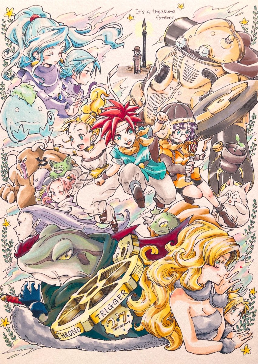 4girls 6+boys alfador anniversary armband artist_name ayla_(chrono_trigger) azala black_shorts blonde_hair blue_eyes blue_hair blue_shirt bracelet cat choker chrono_trigger crono_(chrono_trigger) earrings english_text closed_eyes flea_(chrono_trigger) flower_pot frog_(chrono_trigger) gaspar_(chrono_trigger) grey_pants highres janus_zeal jewelry kino_(chrono_trigger) lamppost long_hair lucca_ashtear magus_(chrono_trigger) marle_(chrono_trigger) maruno multiple_boys multiple_girls necklace open_mouth orange_shirt ozzie_(chrono_trigger) pants plant ponytail potted_plant purple_hair purple_robe red_hair robe robo_(chrono_trigger) robot schala_zeal shirt short_hair shorts slash_(chrono_trigger) smile wavy_hair
