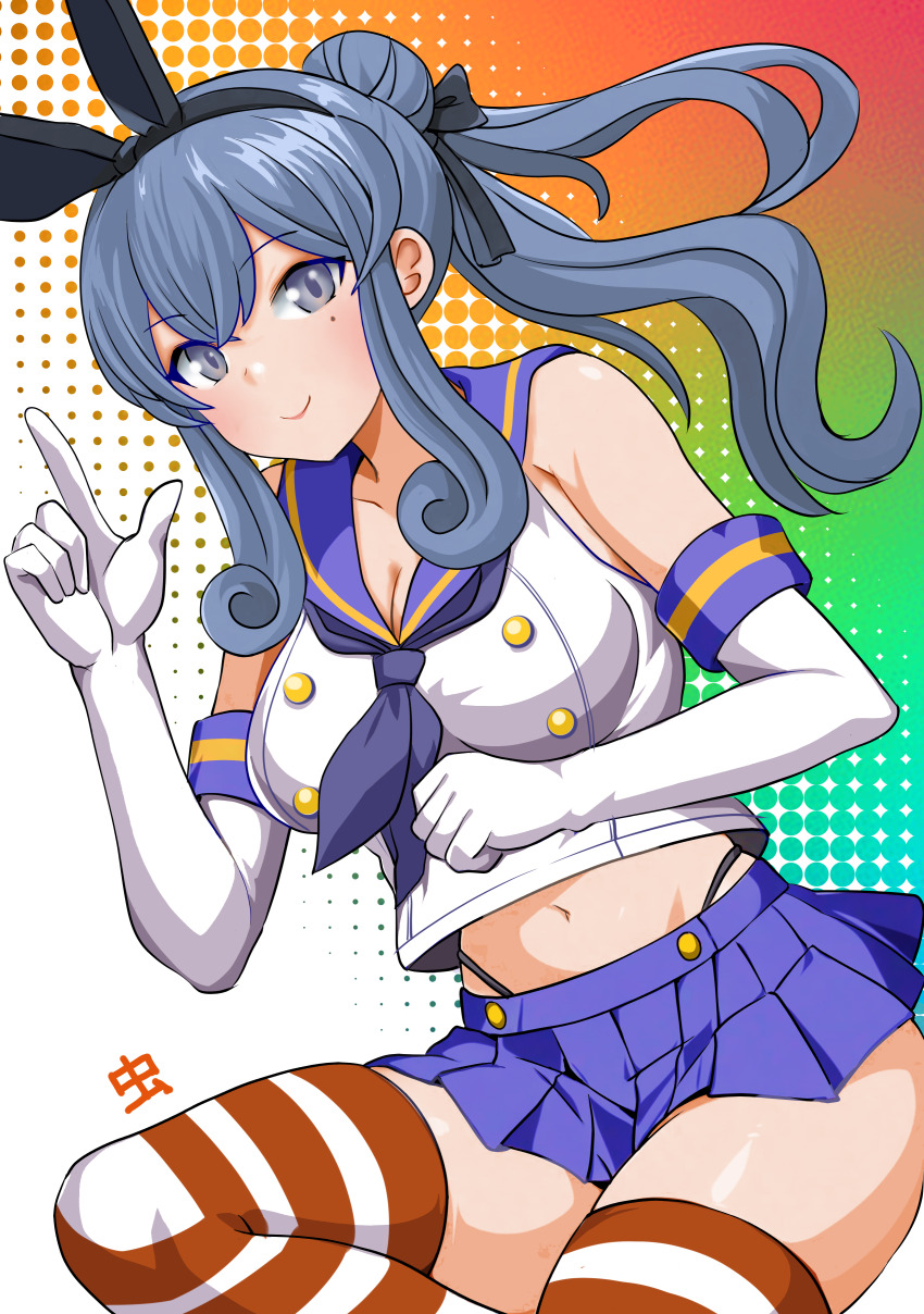 1girl absurdres black_hairband black_neckerchief black_panties blue_eyes blue_hair blue_sailor_collar blue_skirt breasts cosplay crop_top elbow_gloves gloves gotland_(kancolle) hair_between_eyes hair_bun hairband highleg highleg_panties highres horizontal-striped_thighhighs kantai_collection large_breasts long_hair looking_at_viewer microskirt midriff mole mole_under_eye mushi_mushi_ex navel neckerchief panties pleated_skirt ponytail sailor_collar shimakaze_(kancolle) shimakaze_(kancolle)_(cosplay) single_hair_bun skirt smile solo striped_clothes striped_thighhighs thighhighs thong underwear white_gloves