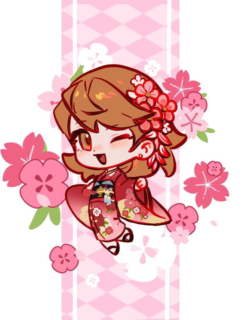 1girl blush brown_eyes brown_hair cherry_blossoms earrings flipped_hair floral_print floral_print_kimono flower full_body gradient_clothes gradient_kimono hair_flower hair_ornament hashtag-only_commentary highres japanese_clothes jewelry kimono long_sleeves looking_at_viewer obi official_alternate_costume one_eye_closed open_mouth persona persona_3 persona_3_reload pink_flower pink_kimono print_kimono red_kimono rrrrrrrrrrrou1 sash short_hair solo stud_earrings takeba_yukari two-tone_kimono wide_sleeves