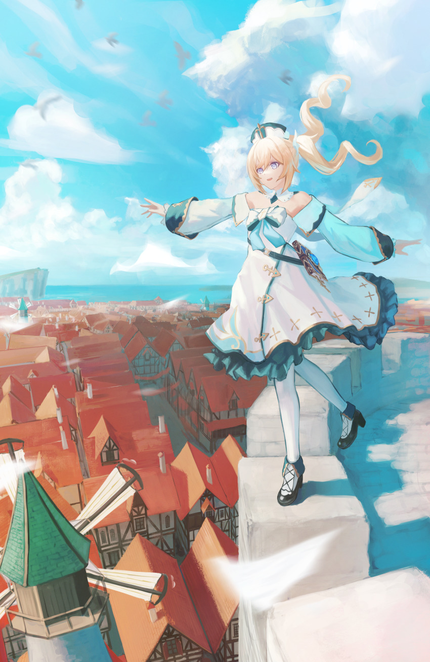 1girl absurdres barbara_(genshin_impact) battlement bird black_footwear blonde_hair book building cliff cloud day detached_collar detached_sleeves dress floating_hair genshin_impact hat high_heels highres horizon in-universe_location koseikogani looking_at_viewer open_mouth outdoors outstretched_arms purple_eyes shirt smile solo spread_arms standing standing_on_one_leg strapless strapless_shirt twintails white_dress wind windmill
