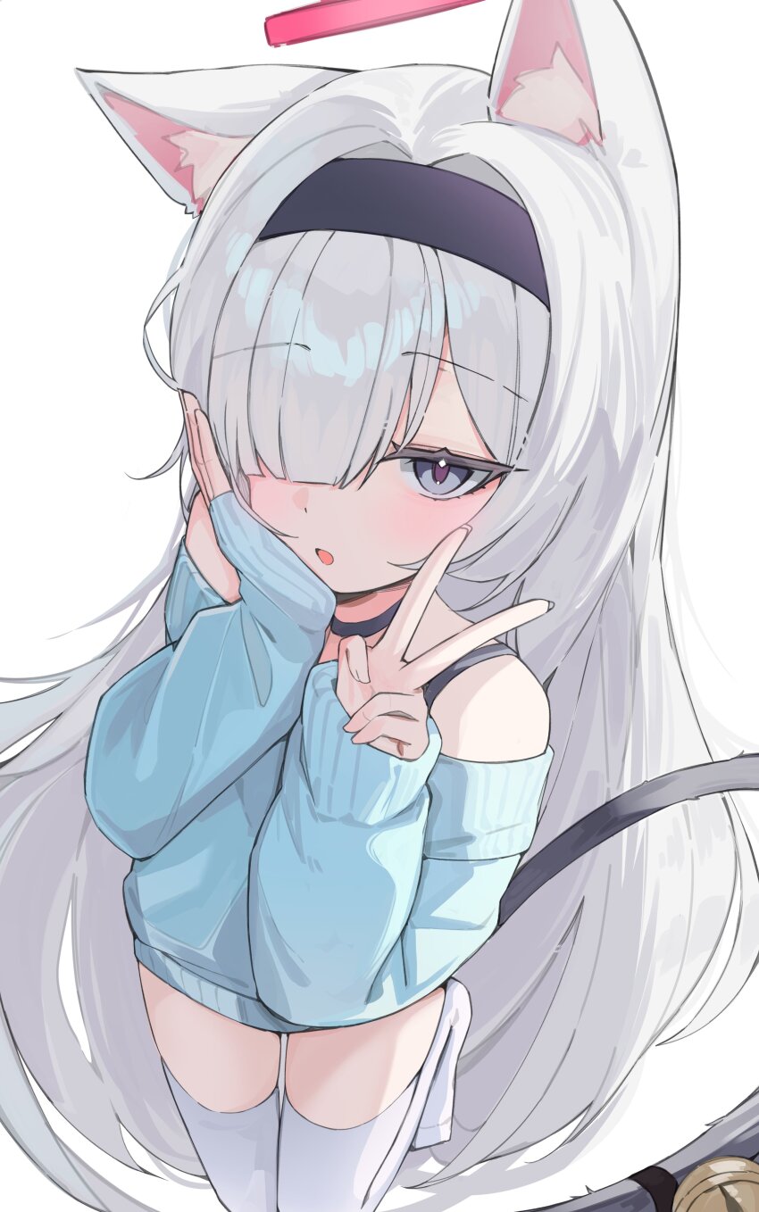 1girl absurdres alternate_costume animal_ear_fluff animal_ears bare_shoulders bell black_choker black_hairband black_streaks blue_archive blue_eyes blue_sweater bra_strap cat_ears cat_tail choker from_above hair_between_eyes hair_over_one_eye hairband halo hand_on_own_cheek hand_on_own_face hands_up highres jingle_bell kemonomimi_mode loli long_hair long_sleeves looking_at_viewer one_eye_covered open_mouth pink_halo plana_(blue_archive) simple_background solo sweater tail tail_bell tail_ornament thighhighs thighs v very_long_hair white_background white_hair ximgyeon zettai_ryouiki