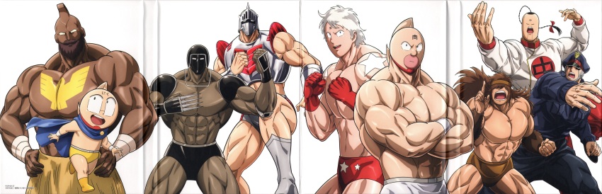 6+boys absurdres alexandria_meat armor beard biceps blonde_hair brocken_jr. claw_(weapon) clenched_hands congratulations dark_skin facial_hair fighting_stance geronimo_(kinnikuman) grin hat helmet highres kinniku_suguru kinnikuman kinnikuman_(character) looking_at_viewer manly mask military_hat military_uniform multiple_boys muscular official_art one_eye_closed open_mouth pectorals prince_kamehame ramenman robin_mask scan smile solo standing terryman title warsman weapon white_background wrestling wrestling_mask wrestling_outfit