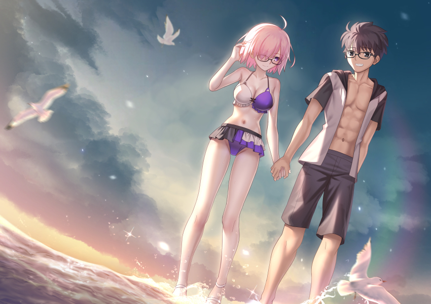 absurdres ahoge bare_shoulders beach besmiled bikini bird black_hair breasts cloud cloudy_sky fate/grand_order fate_(series) frilled_bikini frills glasses highres jacket mash_kyrielight medium_breasts melty_blood open_clothes open_jacket pink_hair purple_eyes seagull sky stomach sunset swimsuit tohno_shiki toned toned_male tsukihime water