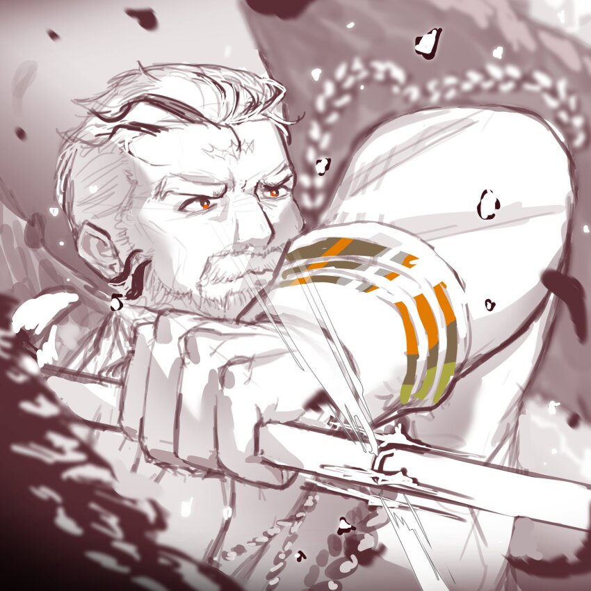 angry cane facial_hair feathers fighting gold highres kiekoio light looking_at_another monochrome mustache old old_man orange_eyes raven_arthur_(housamo) tokyo_houkago_summoners wings