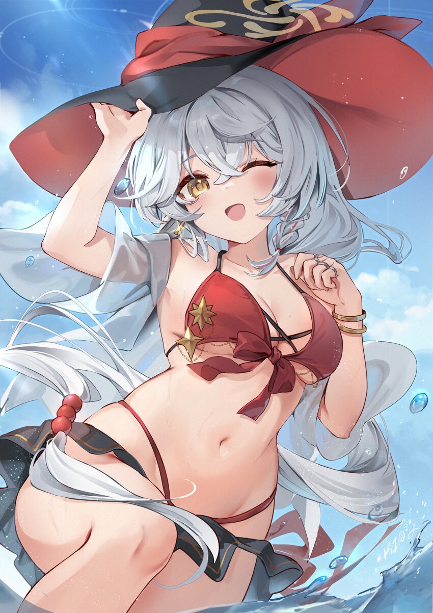 1girl alternate_costume bikini black_hat blue_archive blue_sky breasts cleavage cloud crossed_bangs eri_(blue_archive) floating_hair grey_hair hair_between_eyes hat highres kita_(kitairoha) long_hair looking_at_viewer navel one_eye_closed open_mouth outdoors sky smile solo stomach swimsuit very_long_hair witch_hat yellow_eyes